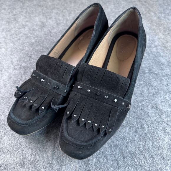 Franco Sarto Women's 8.5 Black Suede Tassels Studs Block Mid Heel Slip-on - Picture 1 of 6